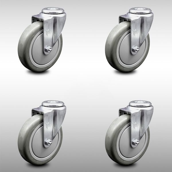 5 Inch SS Gray Polyurethane Wheel Swivel Bolt Hole Caster Set